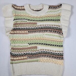 SUNDAY UP Anthropologie Ruffled Cap Sleeve, Striped, Crew Neck Sweater Size S